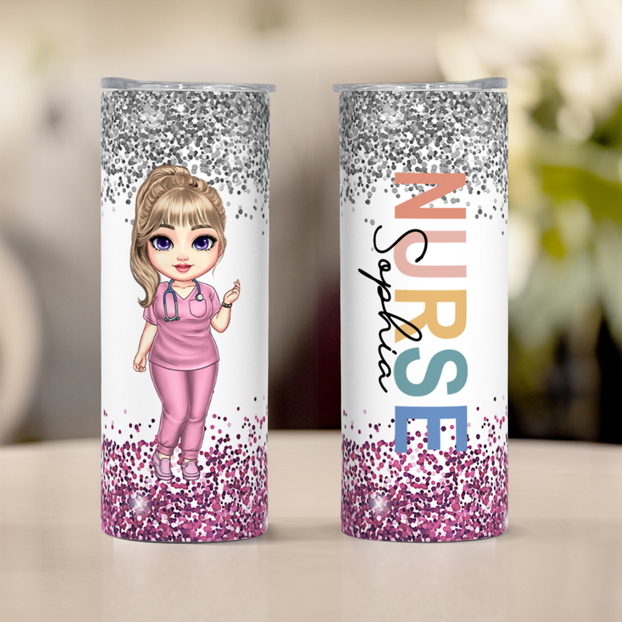 Personnalisé Cartoon Doctor Nurse Character Name Insulated 20 oz Skinny Tumbler with Straw and Lid Nurse Week Appreciation Gift for Medical Staff (Cadeau d'appréciation de la semaine des infirmières p