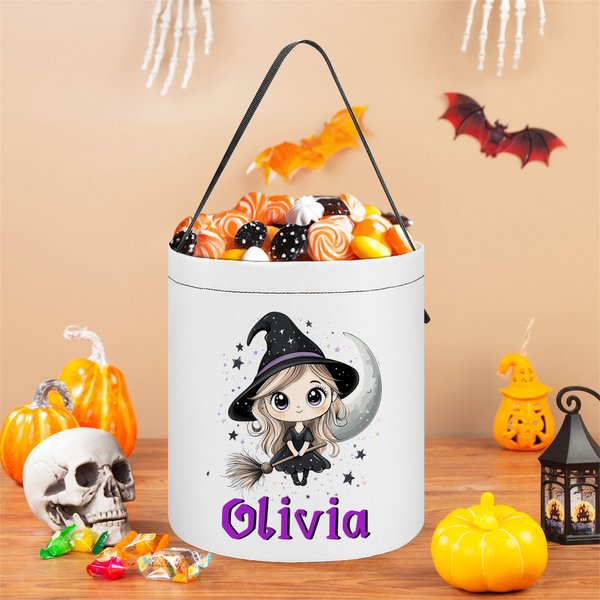 Henkilökohtainen söpö noita luuta tähdet Moon Kid temppu tai Treat Bag karkkia ämpäri nimi Halloween puolue suosikkeja tytöille