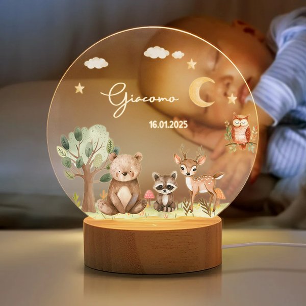 Luce notturna LED personalizzata in acrilico con nome base in legno e animali della foresta decorazione per cameretta regalo di compleanno per bambini