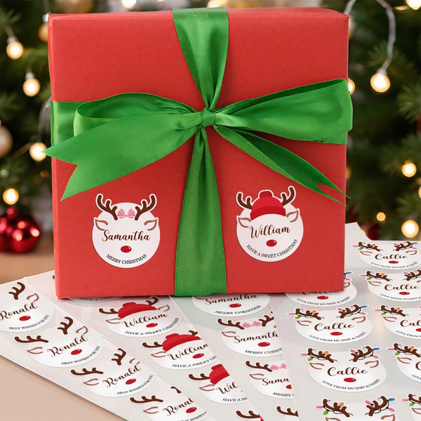 Gepersonaliseerde Leuke Kerstmis Rendier Waterdichte Stickers Etiketten met Naam en Tekst Gift Decor Kerst Festival Party Favors voor familie Vrienden
