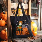 Personalized Moon Pumpkin Halloween Cartoon Character Large Canvas Tote Bag with Name Halloween Party Gift for Boys Girls