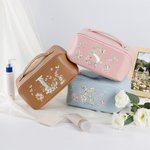 Personalized Watercolour Floral Initial PU Leather Wide Opening Makeup Bag with Name Travel Essential Wedding Gift for Bestie Bridesmaid