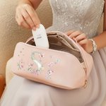 Personalized Watercolour Floral Initial PU Leather Wide Opening Makeup Bag with Name Travel Essential Wedding Gift for Bestie Bridesmaid