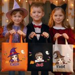 Personalized Magic Broom Ghost Candy Halloween Cartoon Character Canvas Bag with Name Halloween Party Gift for Boys Girls