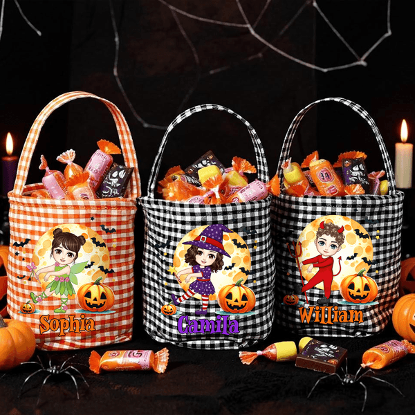 Personalised Cute Cartoon Character Pumpkin Moon Checkered Bag Sweets Bucket with Name Halloween Party Gift for Children