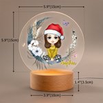 Personalized Moon Floral Santa Hat Cartoon Character LED Night Light with Name and Wooden Base Birthday Christmas Gift for Family Kids