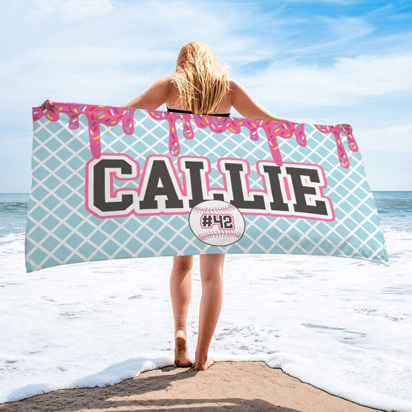Personalized Baseball Ice Cream Drip Quick Dry Oversized Microfiber Beach Towel with Name and Number Team Holiday Birthday Gift for Baseball Players