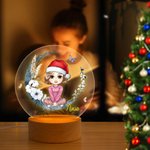 Personalized Moon Floral Santa Hat Cartoon Character LED Night Light with Name and Wooden Base Birthday Christmas Gift for Family Kids