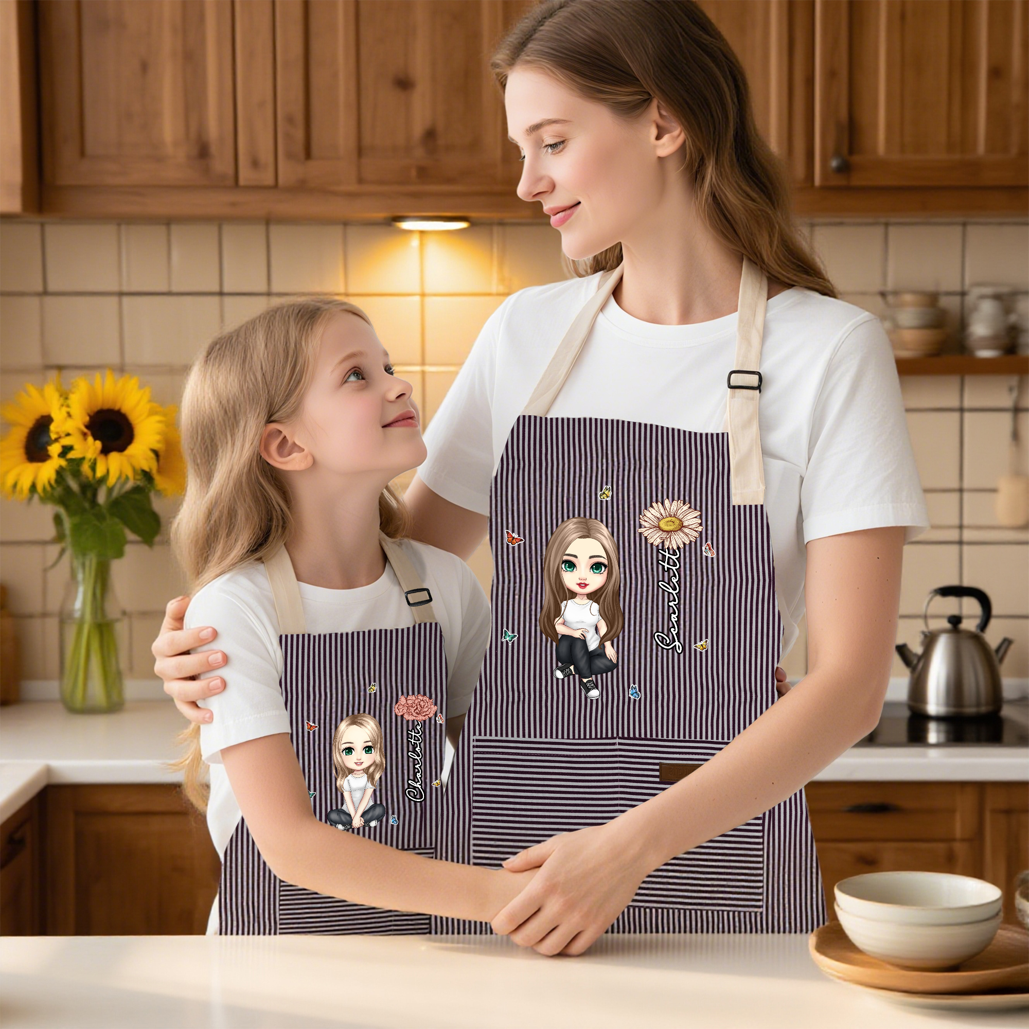 Tablier de Cuisine Personnalisé avec Fleur de Naissance Personnage Cartoon et Nom Cadeau d’Anniversaire pour Enfants et Famille