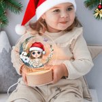 Personalized Moon Floral Santa Hat Cartoon Character LED Night Light with Name and Wooden Base Birthday Christmas Gift for Family Kids