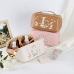 Personalized Watercolour Floral Initial PU Leather Wide Opening Makeup Bag with Name Travel Essential Wedding Gift for Bestie Bridesmaid