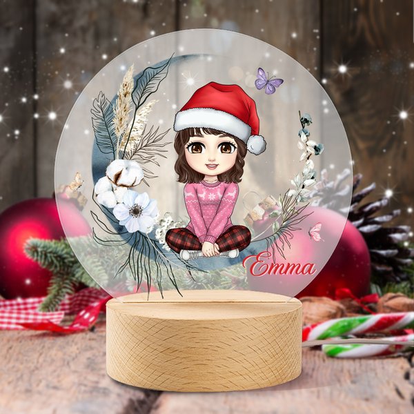 Personalized Moon Floral Santa Hat Cartoon Character LED Night Light with Name and Wooden Base Birthday Christmas Gift for Family Kids
