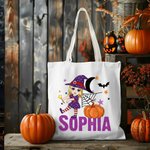 Personalized Moon Pumpkin Halloween Cartoon Character Large Canvas Tote Bag with Name Halloween Party Gift for Boys Girls