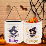 Personalizado Cute Bruja Escoba Estrellas Luna Kid Trick or Treat Bolsa de caramelos Cubo con el nombre de Halloween Fiesta de Favores para las niñas