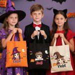 Personalized Magic Broom Ghost Candy Halloween Cartoon Character Canvas Bag with Name Halloween Party Gift for Boys Girls