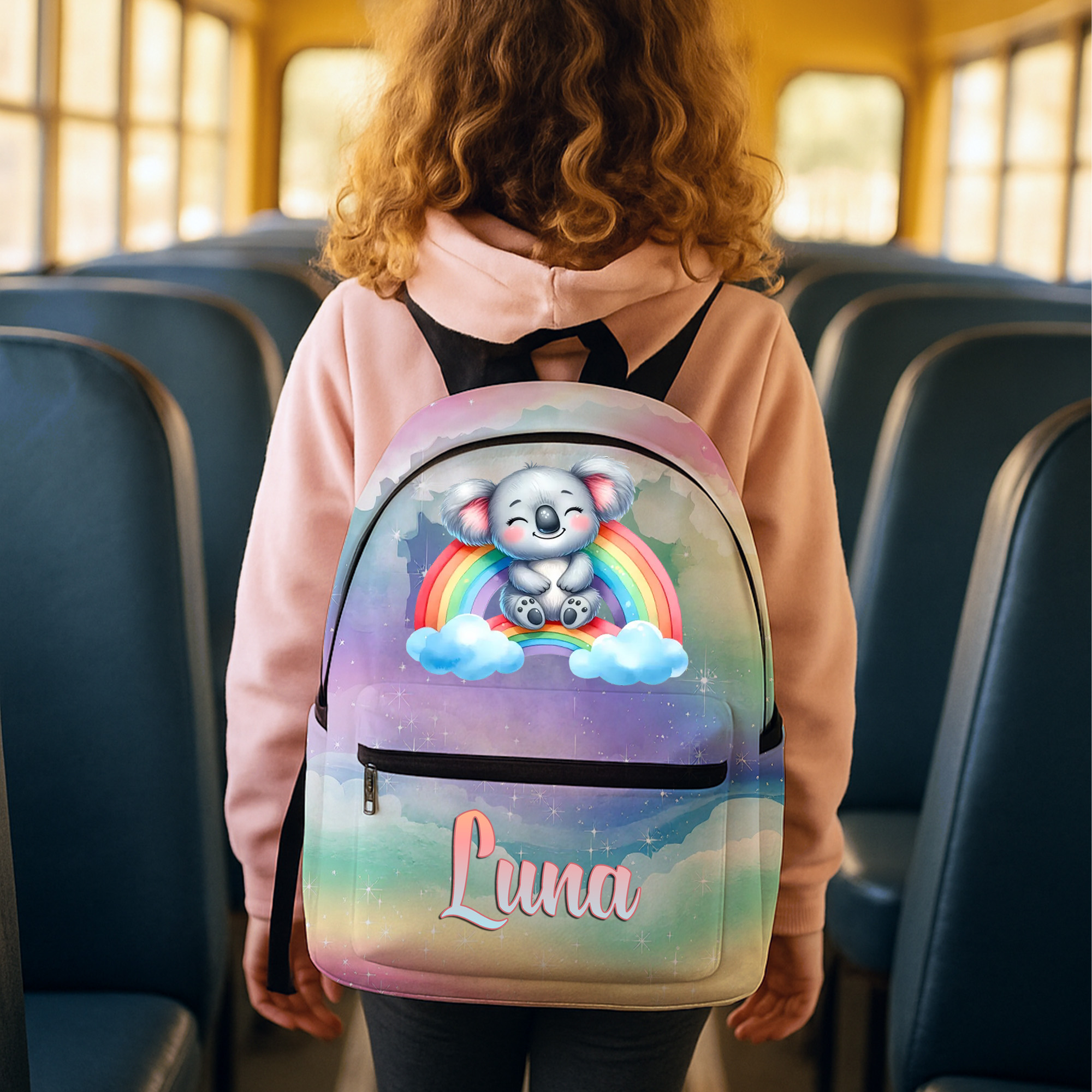 Sac d'école personnalisé Rainbow Koala Monkey Animal avec nom Back to School Birthday Gift for Kids Teenagers