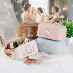 Personalized Watercolour Floral Initial PU Leather Wide Opening Makeup Bag with Name Travel Essential Wedding Gift for Bestie Bridesmaid