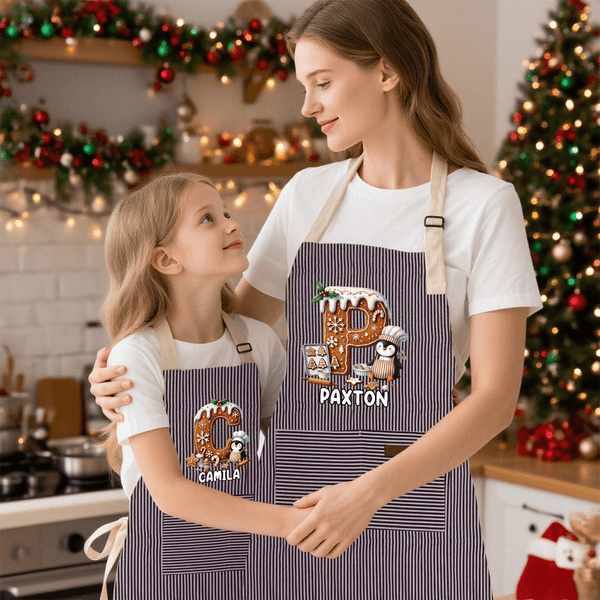 Personalised Christmas Penguin Biscuit Initial Kid Adult Baking Apron with Name and Front Pocket Birthday Christmas Gift for Kids Family