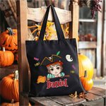 Personalized Magic Broom Ghost Candy Halloween Cartoon Character Canvas Bag with Name Halloween Party Gift for Boys Girls