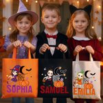 Personalized Moon Pumpkin Halloween Cartoon Character Large Canvas Tote Bag with Name Halloween Party Gift for Boys Girls