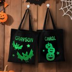 Personalized Glow-In-The-Dark Bat Cat Pumpkin Spider Canvas Candy Bag with Name Reusable Accessories Halloween Gift for Kids Family Friends