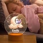 Personalized Moon Stars Cute Animals LED Night Light with Name and Wooden Base Nursery Decor Birthday Gift for Kids Pet Lovers