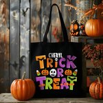 Personalized Trick or Treat Spooky Pumpkin Candy Ghost Black Canvas Tote Bag with Name Halloween Party Gift for Kids Family