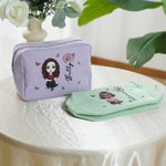 Personalized Birth Flower Cartoon Character Multicolor Stripes Makeup Bag with Name and Zipper Travel Essentials Birthday Gift for Women