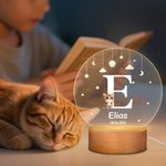 Personalisiertes Niedliches Tier Hund Katze LED-Nachtlicht mit Namen und Holzsockel Kinderzimmer Deko Geburtstagsgeschenk für Kinder Tierliebhaber