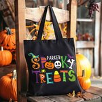 Personalized Trick or Treat Spooky Pumpkin Candy Ghost Black Canvas Tote Bag with Name Halloween Party Gift for Kids Family