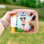 Sac Cosmétique Transparent Personalisé avec Nom et Personnage Cartoon Accessoire Estival de Vacances Cadeau pour Femme Fille