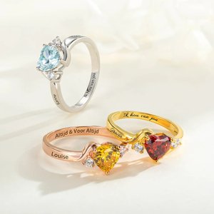 Gepersonaliseerde Sterling Zilver Hartvormige Geboortesteen-beloftering met Zirkonia en Gravuretekst Moederdag Valentijnsdag Huwelijkscadeau voor Haar