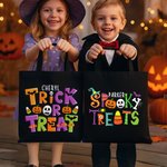 Personalized Trick or Treat Spooky Pumpkin Candy Ghost Black Canvas Tote Bag with Name Halloween Party Gift for Kids Family