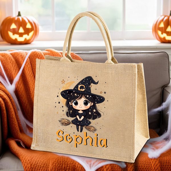 Personalizzato Carino Cartoon Witch Jute Tote Bag con nome Halloween Party Gift per le ragazze donne