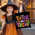 Personalized Trick or Treat Spooky Pumpkin Candy Ghost Black Canvas Tote Bag with Name Halloween Party Gift for Kids Family