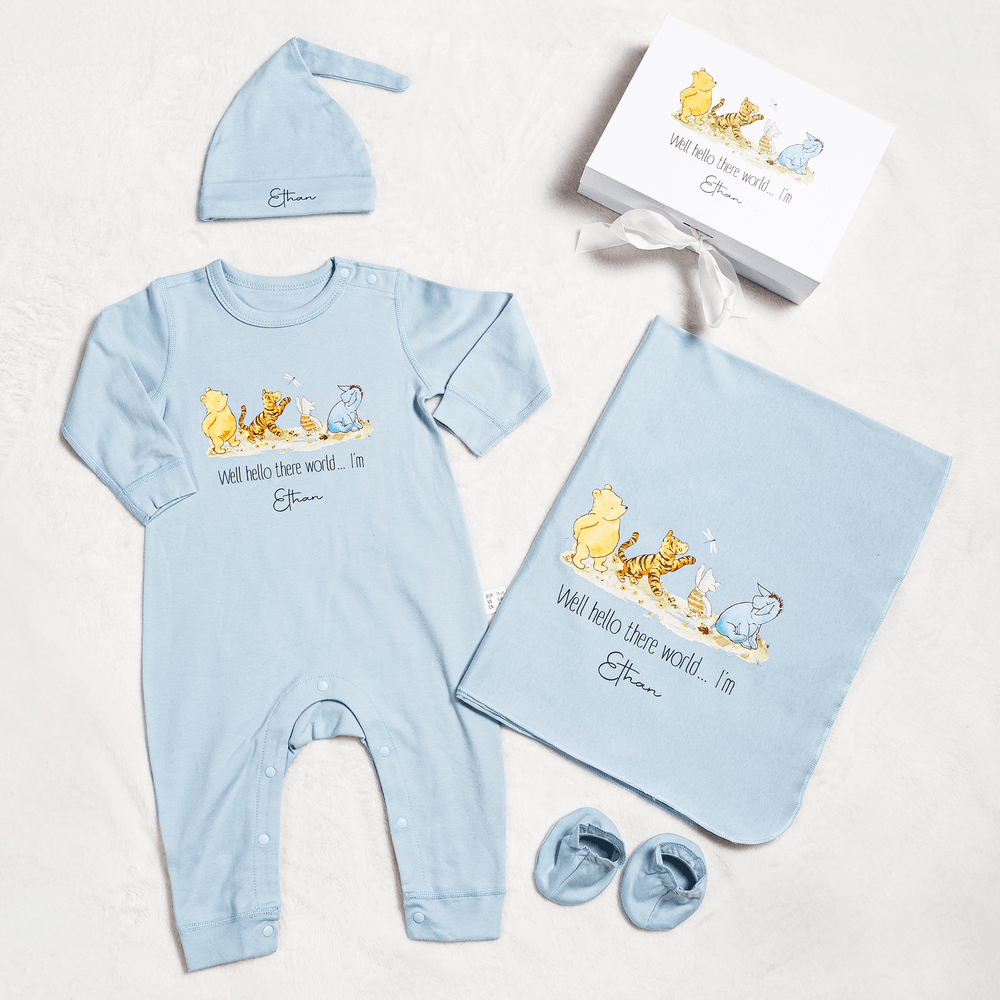 Personalized Classic Winnie the Pooh 100% Cotton Baby Romper Hat Blanket Outfit with Name and Gift Box Baby Shower Gift for Newborn New Parents