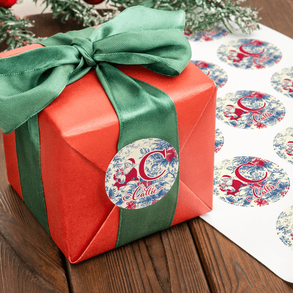 Personalised Toile De Jouy Style Santa Claus Waterproof Stickers with Name and Initial Christmas Festival Party Gift for Family Friends