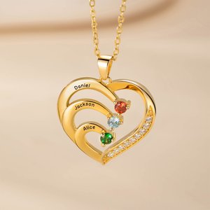 Personalised Family Heart Pendant Sterling Silver Necklace with 1-6 Engraved Names and Birthstones Mother's Day Birthday Gift for Mom Grandma