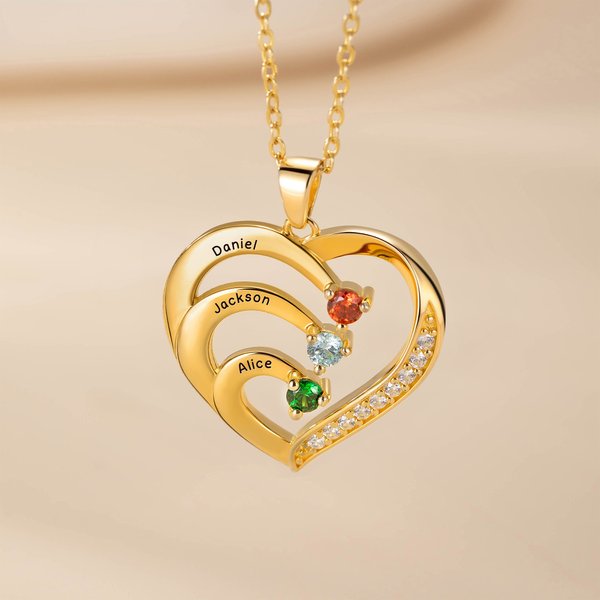 Personalized Family Heart Pendant Sterling Silver Necklace with 1-6 Engraved Names and Birthstones Mother's Day Birthday Gift for Mom Grandma