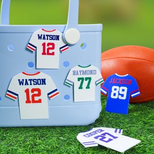 Personalised 3D Printed Football Jersey Bag Charm Button with Name and Number Accessory for Bogg Game Team Birthday Gift for Sports Lovers