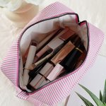 Personalized Birth Flower Cartoon Character Multicolor Stripes Makeup Bag with Name and Zipper Travel Essentials Birthday Gift for Women