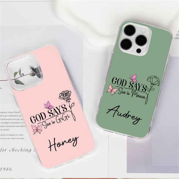 Personalized Birth Flower God Says She Is Phone Case for iPhone With Name and Title Birthday Anniversary Gift for Young Women