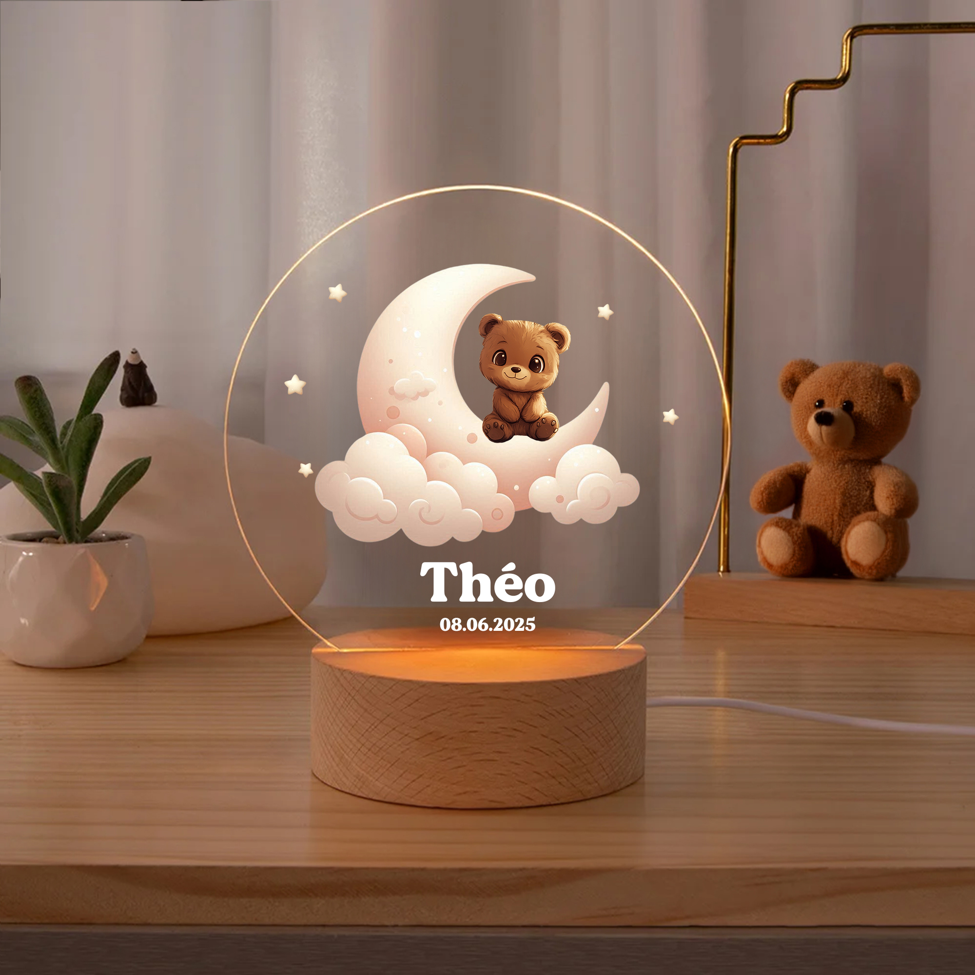 Veilleuse LED Personnalisée avec Nom et Motif d'Animal Mignon Socle en Bois Décoration de Chambre Cadeau Anniversaire pour les Enfants