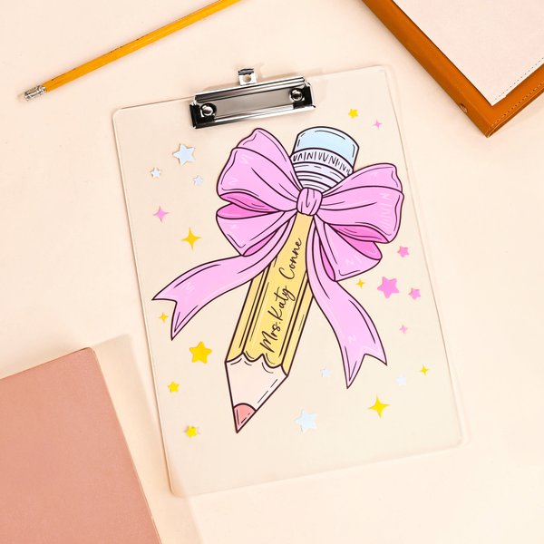 Personalised Star Pencil Pink Bow Acrylic Clipboard with Text School Supplies Back to School Appreciation Gift for Teachers