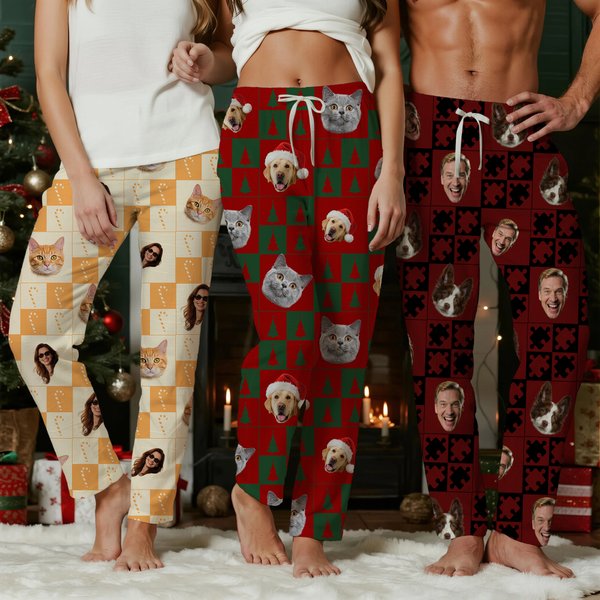 Personalizado calabaza patas de tablero de ajedrez Cara Foto Pijama largo con cordón de Halloween Navidad Cumpleaños Regalo para Niños Mujeres Hombres Pet Lovers