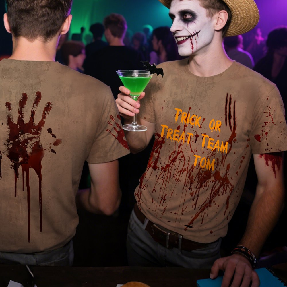 Maglietta da uomo personalizzata Horror Bloody stampata morbida e divertente con nome e testo Trick or Treat
