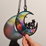 Personalized Moon Shape Dog Cat Silhouette Stained Suncatcher Ornament with Name Window Balcony Decor Memorial Gift for Pet Lovers