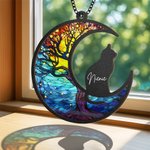 Personalized Moon Shape Dog Cat Silhouette Stained Suncatcher Ornament with Name Window Balcony Decor Memorial Gift for Pet Lovers
