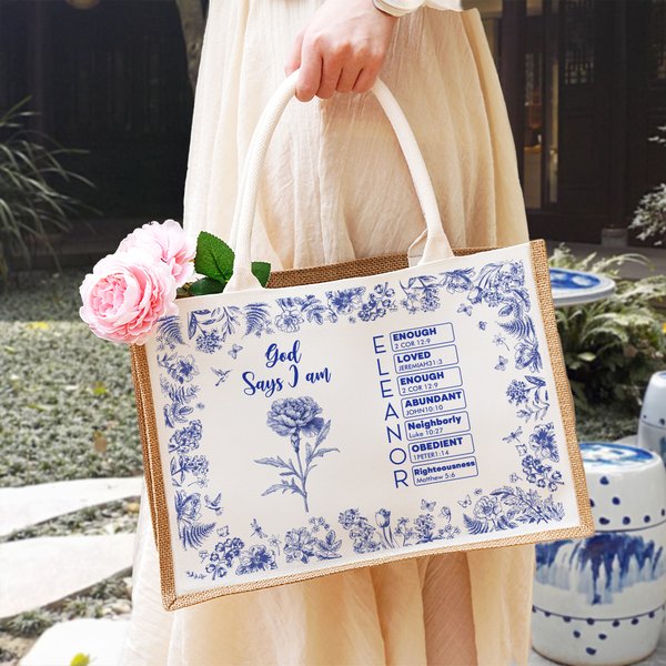 Personalised Toile De Jouy Birth Flower Bible Chapter Name Large Capacity Jute Tote Bag Baptism Birthday Christmas Gift for Women Christians