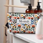 Personalized Colourful Folk Art Flower Makeup Bag with Name Travel Essential Birthday Anniversary Gift for Woman Friend
